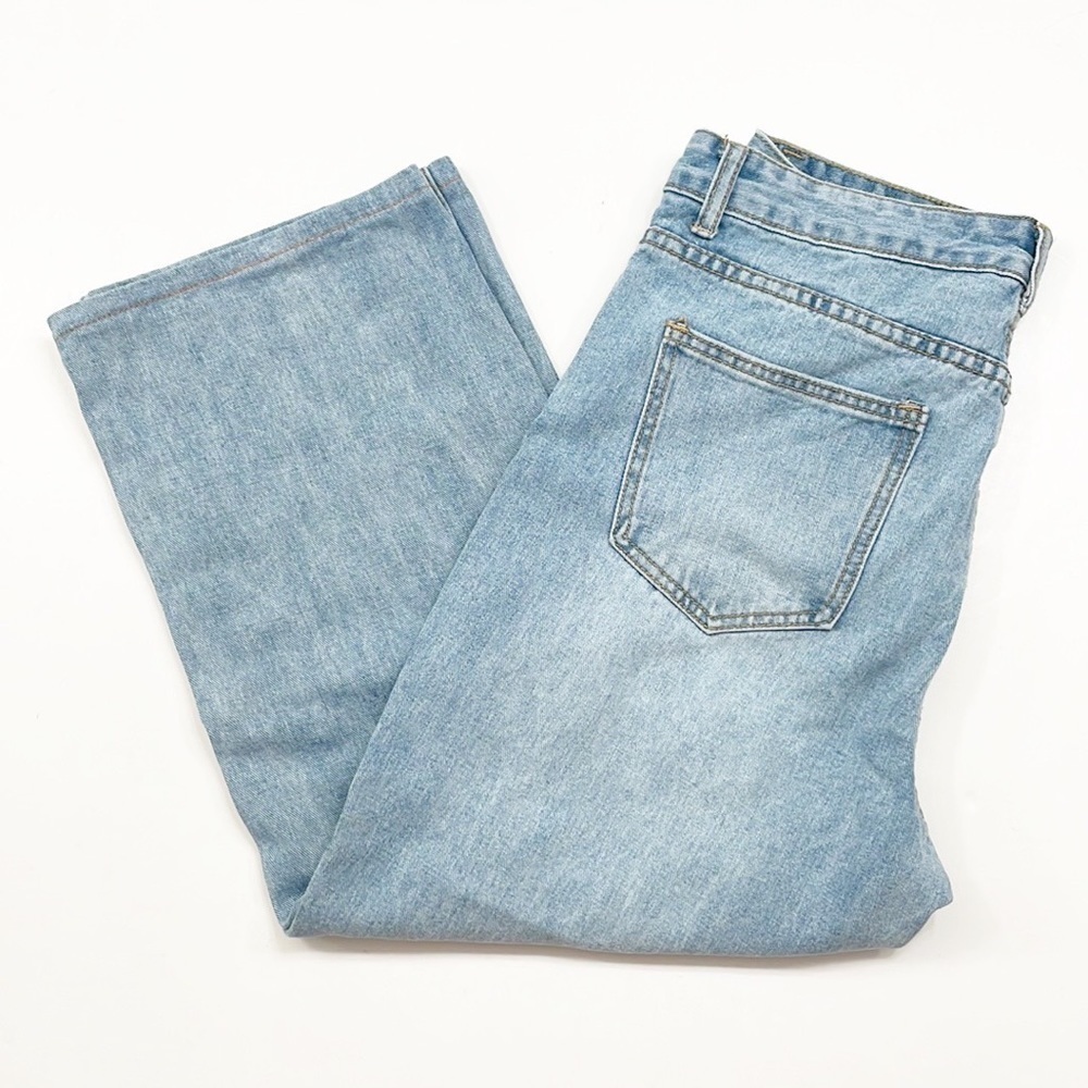 SHEIN embroidered & distressed high rise light denim wide leg jeans